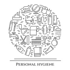 Personal hygiene line banner. Set of elements of shower, soap, bathroom, toilet, toothbrush and other cleaning pictograms. Concept for website, card, infographic, advertise.