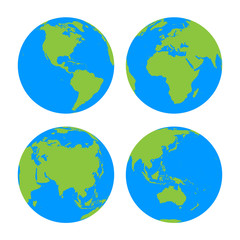 Set of four planet Earth globes with green land silhouette map on blue water background. Simple flat vector illustration.