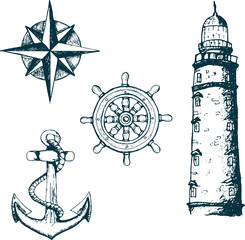 Set sea adventure. Anchor, wheel, sailing ship, compass rose, shell, crab, lighthouse isolated on white background. Vector vintage engraving illustration. For poster yacht club.