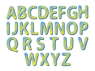 Alphabet in pop art style in yellow and blue colour scheme. Letters. Vector