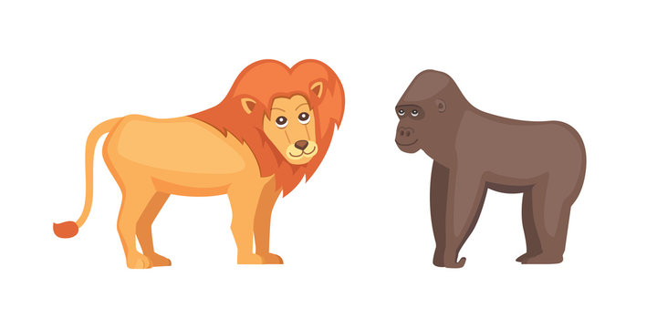 gorilla monkey and lion savanna animals in cartoon style