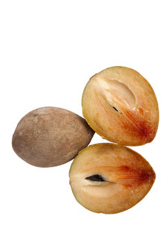sapodilla plum with cut isolated on white. Manilkara zapota. Guatemala