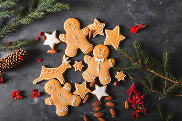 Gingerbread  cookies on a gray background.  Christmas cookies.  Ginger men