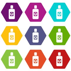 Bottle of mouthwash icon set color hexahedron