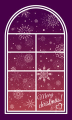 Winter window flying snowflakes and the words merry Christmas! On Burgundy background. Vector