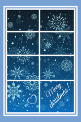 Winter window flying snowflakes and the words merry Christmas! on a blue background. Vector