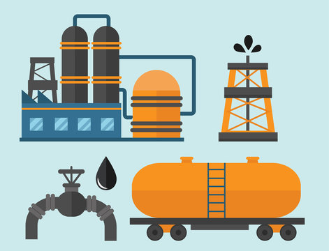 Mineral oil petroleum extraction production transportation factory logistic equipment vector icons illustration