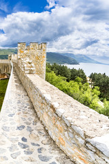Old fortress ruins of tzar Samuel in Ohrid in a beautiful summer day, Republic of Macedonia, vertical