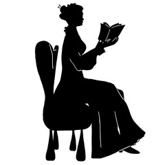 Freehand reading woman silhouette. Vintage sitting female silhouette in victorian style. Antique dress, lace, curly hair, hair pins, book, armchair. For posters, prints, design, covers, logos, shop.