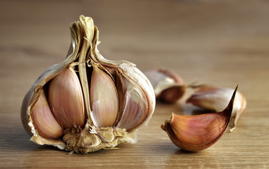 Fresh garlic on wooden table.