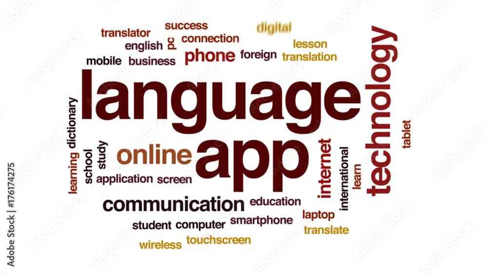 Aufkleber language app animated word cloud, text design animation.