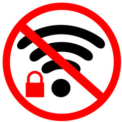 no secure Wifi connection. prohibition of insecure Wireless internet sign. Red prohibition warning road sign on white background.