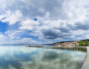 Panoramic view of Ohrid lake, port and old town, copyspace