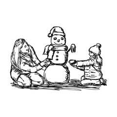Happy mother and her daughter building snowman outside in winter time vector illustration sketch hand drawn with black lines, isolated on white background