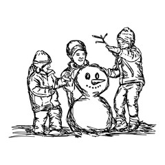 Happy mother and two children building snowman outside in winter time vector illustration sketch hand drawn with black lines, isolated on white background