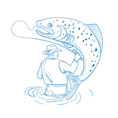 Fly Fisherman Trout Fishing Drawing