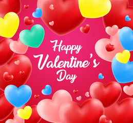 Happy Valentines Day Background with 3D Realistic Red Hearts and Typography Text in White Background. Vector Illustration. Valentine's day abstract background