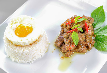pork with basil and chili and Fried egg