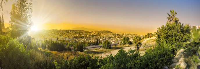 Panorama of Nazareth with Basilica of Annunciation - Israel at sunset - obrazy, fototapety, plakaty