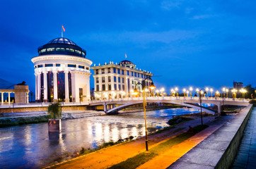 Panorama of Historic buildings in Skopje in a beautiful summer night, Macedonia