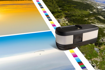 Print sheet with color bar measurement stroke. Spectrophotometer measure colors for offset printing...