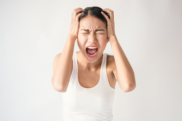portrait of angry pensive mad crazy asian woman screaming out (expression, facial), beauty portrait...