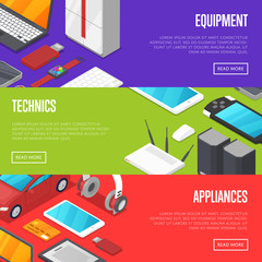 Modern technics and digital appliances set isometric posters. Smart watch, laptop, tablet PC, usb drive, gamepad, mp3 player, wifi router vector illustration. Global social media and communication.