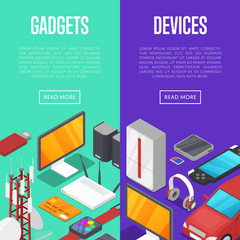 Gadgets and computer devices isometric posters. Global social media and communication concept. Smart watch, laptop, tablet PC, usb drive, gamepad, mp3 player, wifi router vector illustration.