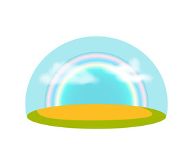 Blue sky with rainbow over meadow isolated icon. Nice weather and sunny day vector illustration in cartoon style.
