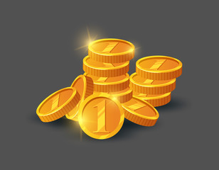 Pile of shiny golden coins icon. Big profit and save money, money making concept, bank deposit, financial success vector illustration in cartoon style.
