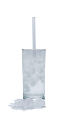 isolated glass of pure water with glass drinking straw and ice. object, beverage.