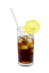 glass of cocktail or tea with glass drinking straw, ice and lemon isolated on white. object; beverage.