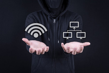 Hacker digital thief open palm gesture with wifi and network icon. Internet security and cyber attack concepts with working space