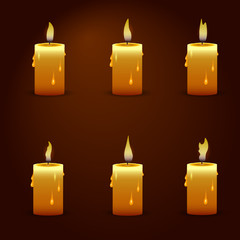 Realistic yellow candle on black background. Vector