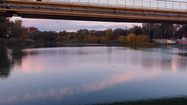 Aerial view on Mirgorod city, Ukraine. Old video style, low light evening sunset autumn footage