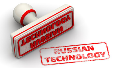Russian technology. Red seal and imprint "RUSSIAN TECHNOLOGY" on white surface. Isolated. 3D Illustration