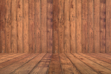 Wooden wall and floor in perspective view, grunge background. for put product on the floor,.