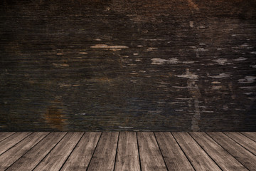 Wooden wall and floor in perspective view, grunge background. for put product on the floor,.