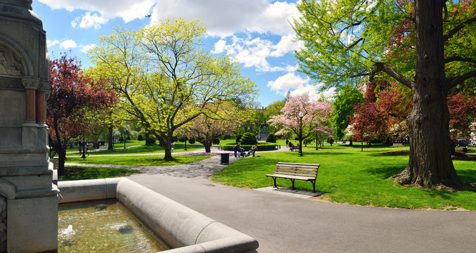 Panoramic view of Boston Public Garden In Early Spring