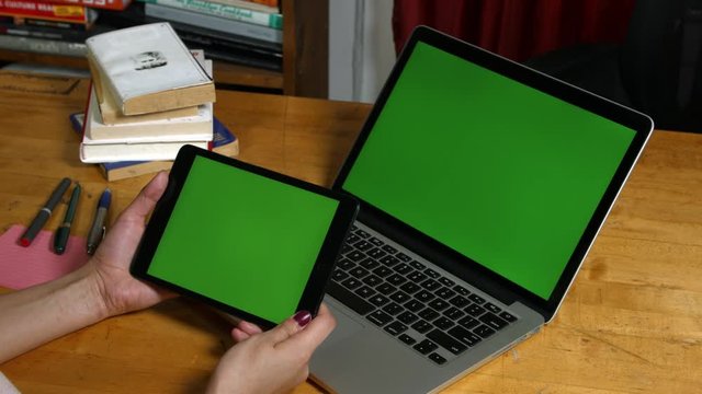 Tablet green screen with green screen laptop