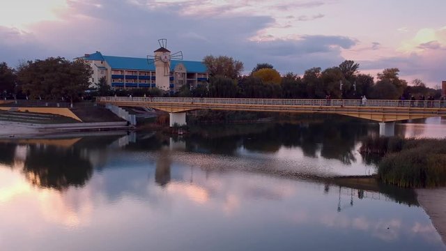 Aerial view on Mirgorod city, Ukraine. Old video style, low light evening sunset autumn footage