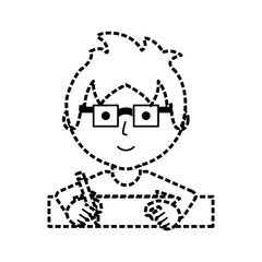 flat line man writing  sticker over white background  vector illustration