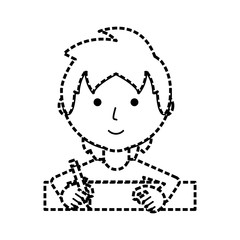 flat line man writing  sticker over white background  vector illustration