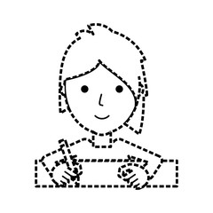 flat line woman writing  sticker over white background  vector illustration