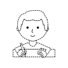 flat line man writing  sticker over white background  vector illustration