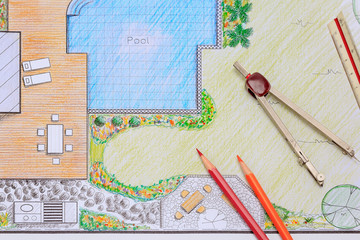 Fototapeta na wymiar Backyard garden and pool design plan for villa.