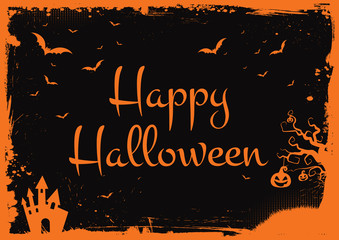 Happy Halloween glitter orange text with bats, pumpkin, house border