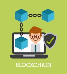 blockchain businessman shield protection virtual vector illustration