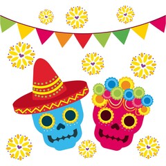 day of the dead two skull with floral garland ornament vector illustration