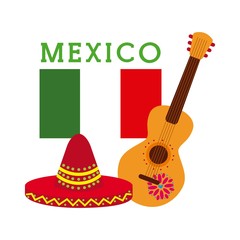 mexico festive hat guitar and flag celebration vector illustration